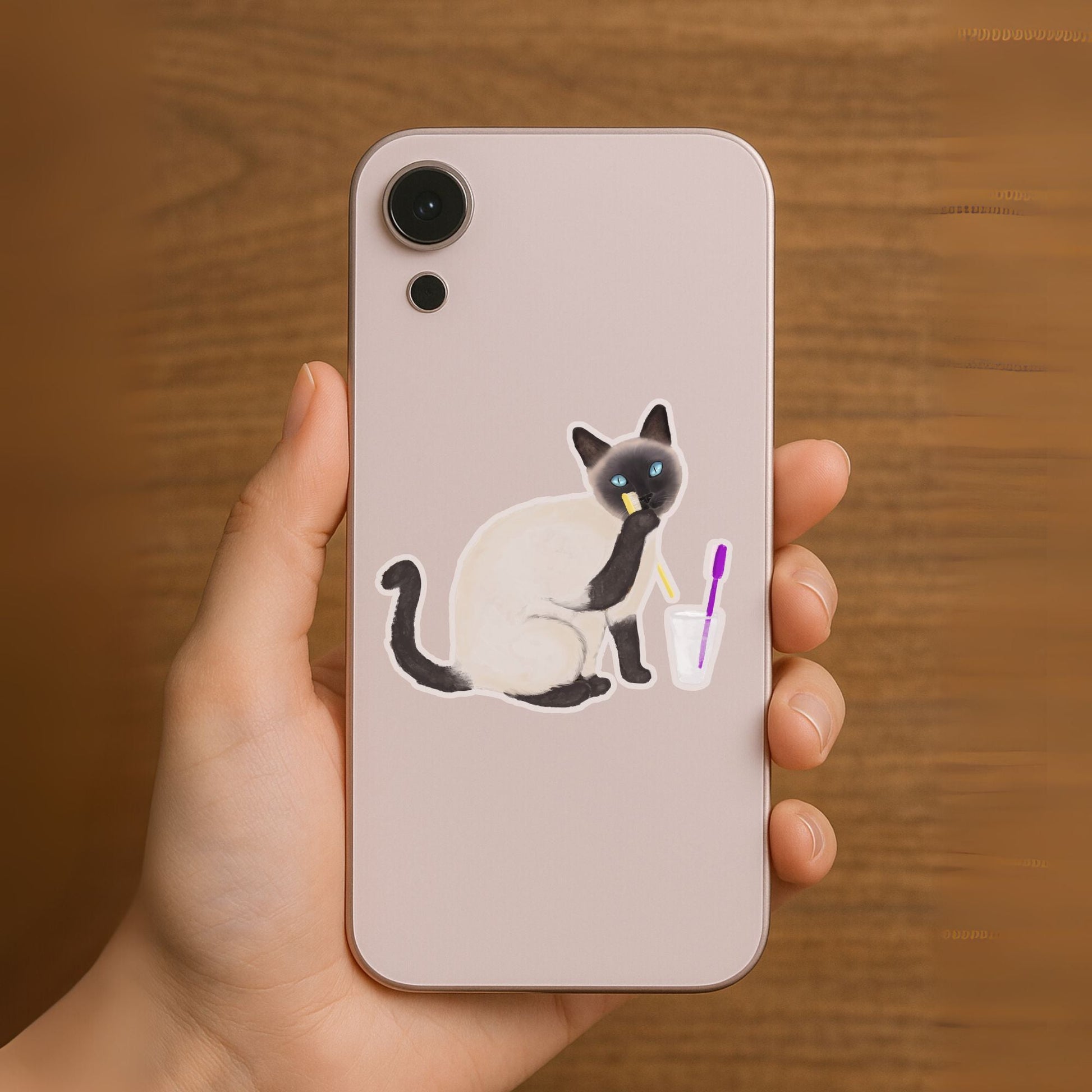 Siamese Cat Brushing Teeth Sticker - MerikaArt