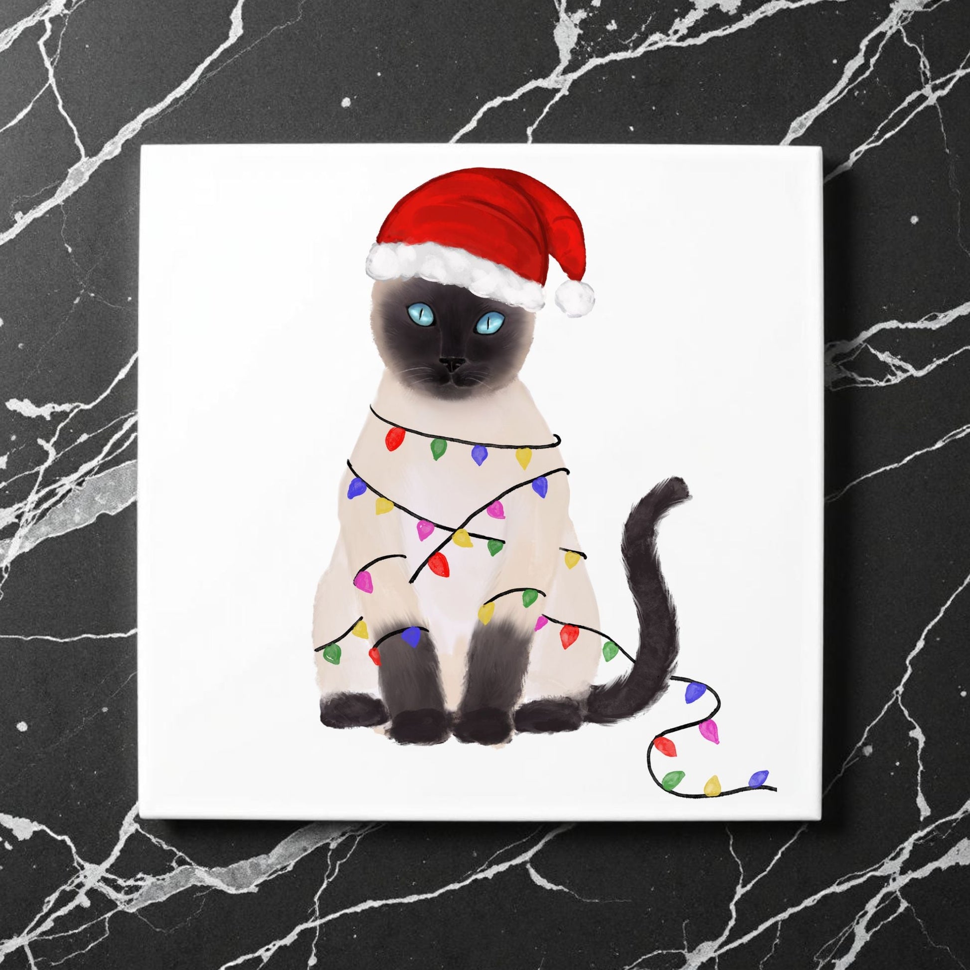 Siamese Cat Christmas Lights Ceramic Tile - MerikaArt