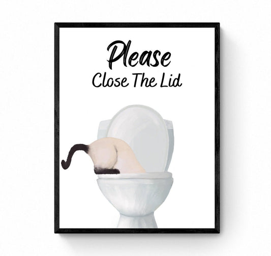 Siamese Cat Drinking Water From Toilet Sign, Fat Siamese Cat Print, Bathroom Decor, Cat Painting, Kitty Licking Water From Toilet Art - MerikaArt