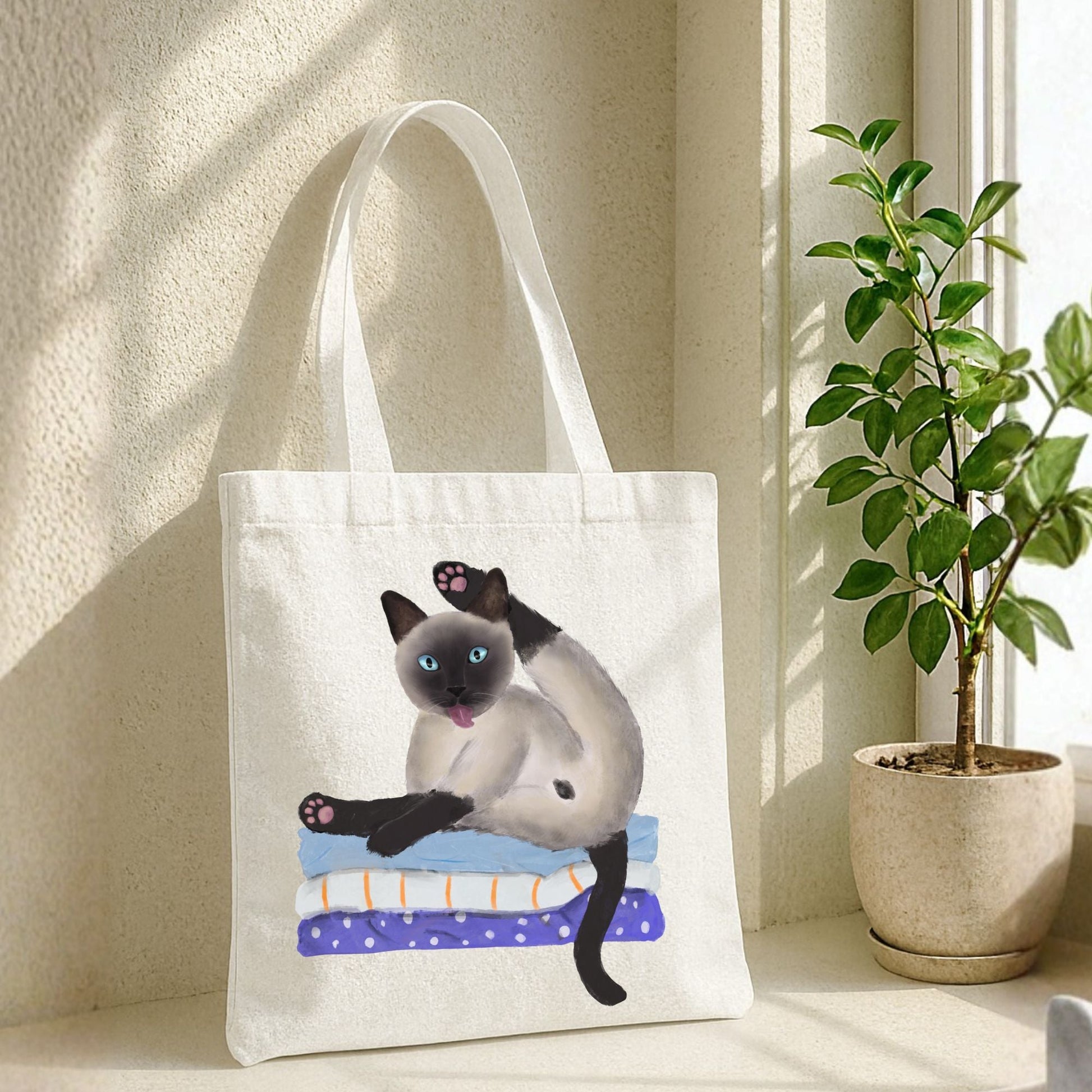 Siamese Cat Grooming on Blankets Canvas Tote Bag - MerikaArt