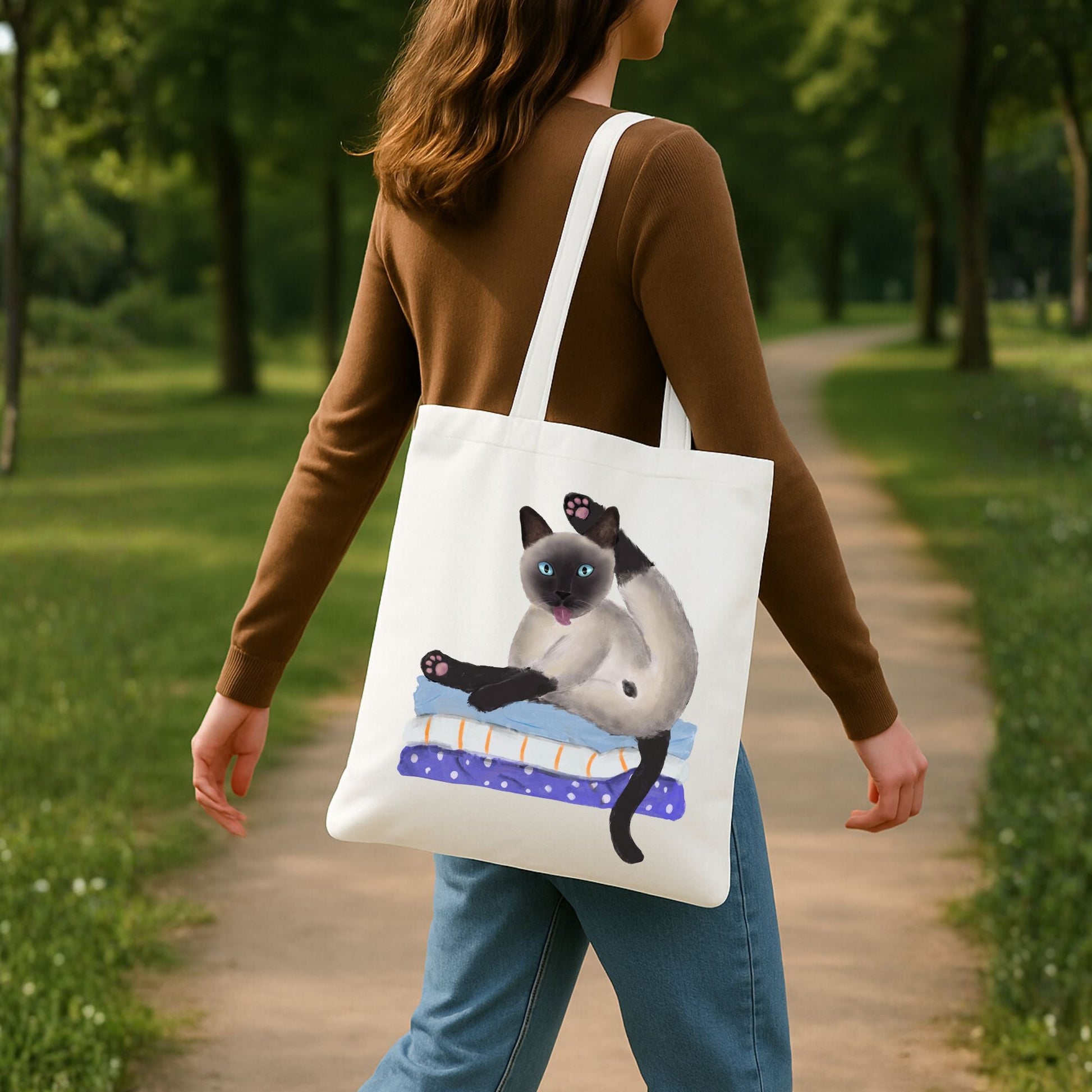 Siamese Cat Grooming on Blankets Canvas Tote Bag - MerikaArt