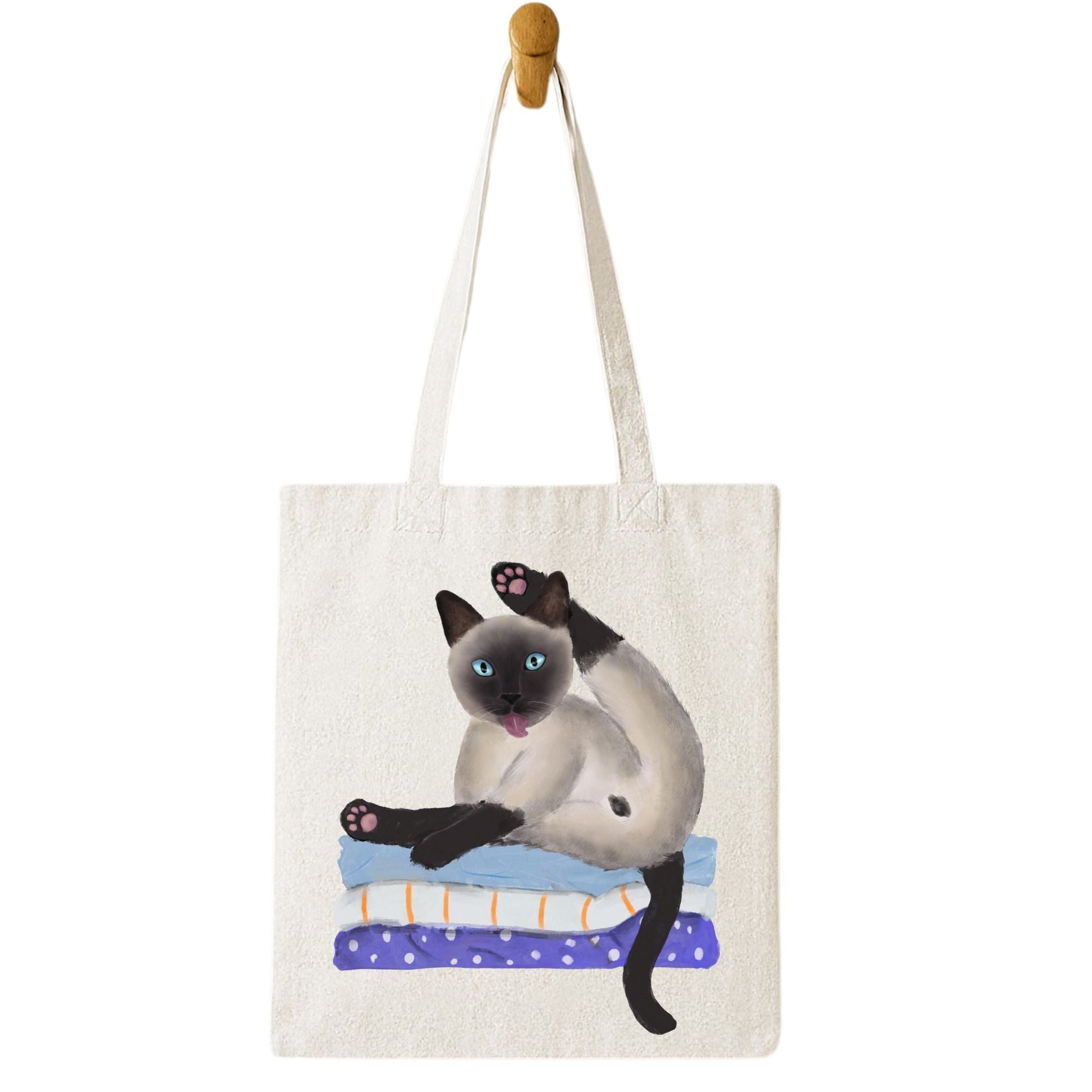 Siamese Cat Grooming on Blankets Canvas Tote Bag - MerikaArt
