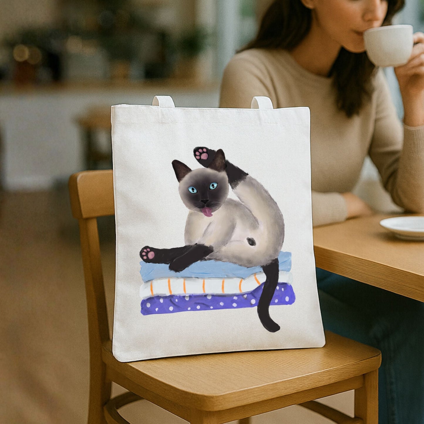 Siamese Cat Grooming on Blankets Canvas Tote Bag - MerikaArt
