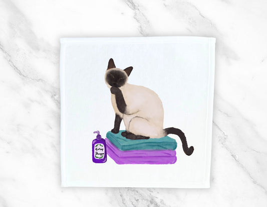 Siamese Cat Grooming on Pillows Washcloth - MerikaArt