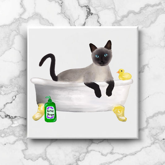 Siamese Cat in Bathtub Ceramic Tile – Handcrafted Whimsical Pet Art Decor - MerikaArt