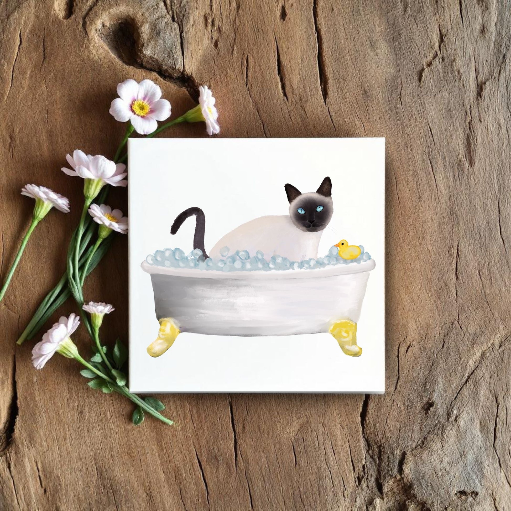 Siamese Cat in Bathtub Ceramic Tile – Handcrafted Whimsical Pet Art Decor - MerikaArt