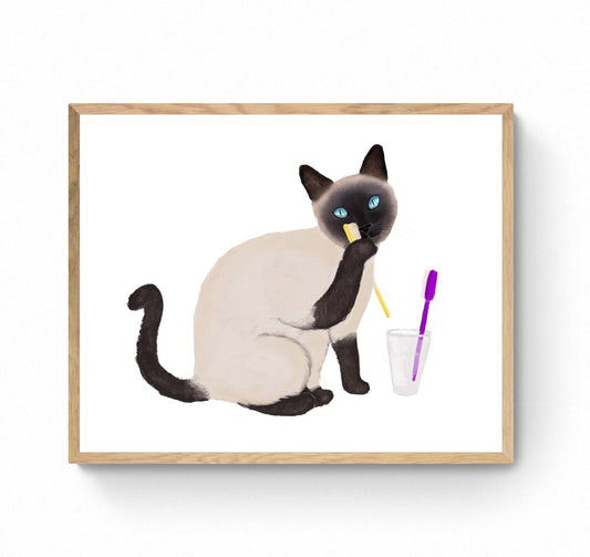 Siamese Cat Licking Toothbrush, Siamese Cat Brushing Teeth, Bathroom Art, Funny Bathroom Cat Painting, Cat In Bath Print, Cat Lover Gift - MerikaArt