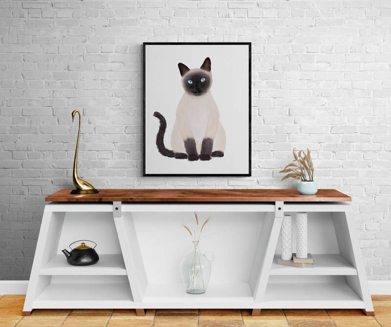 Siamese Cat Print, Siamese Cat Portrait Print, Siamese Short Hair Art, Cat Illustration, Home Decor, Kitten Painting, Cat Lover Gift - MerikaArt