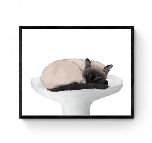 Siamese Cat Sleeping In Sink Art, Siamese Cat In Bath Print, Siamese Kitten Art, Cat Illustration, Home Wall Decor, Spa Painting, Cat Lover - MerikaArt