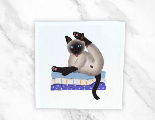 Siamese Cat Stretching on Pillows Washcloth - MerikaArt