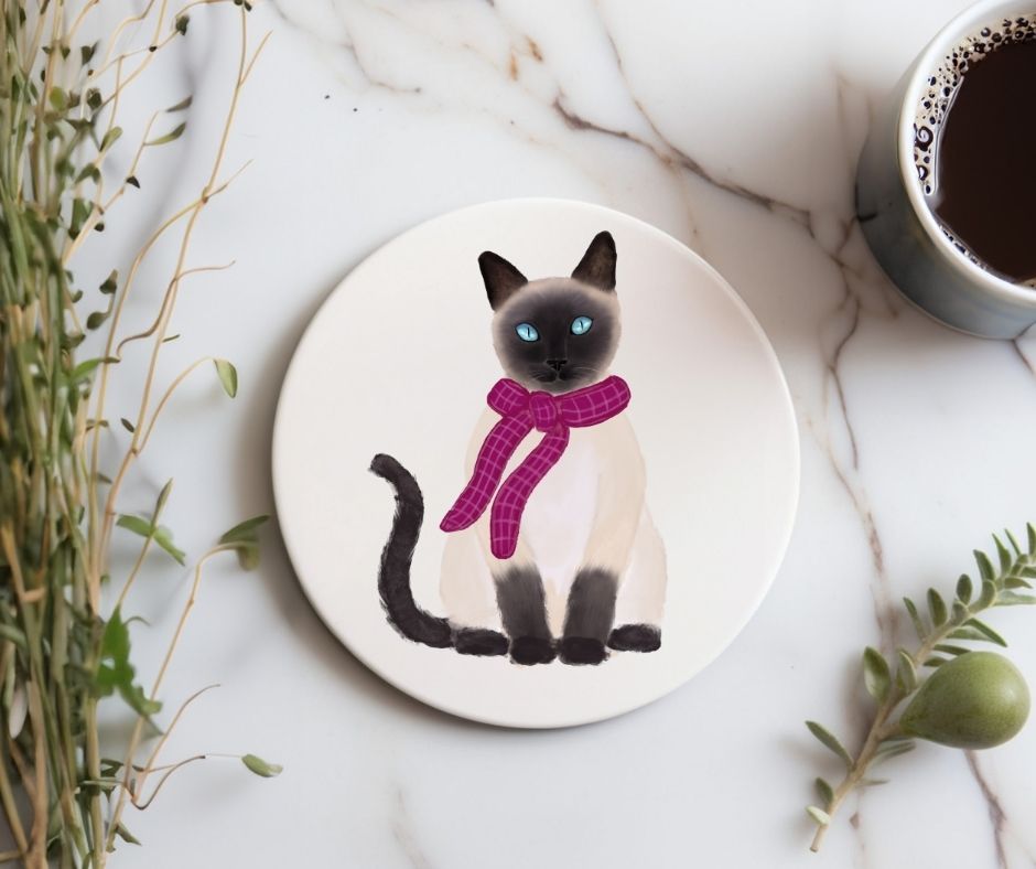 Siamese Cat with Pink Scarf Ceramic Coaster - MerikaArt