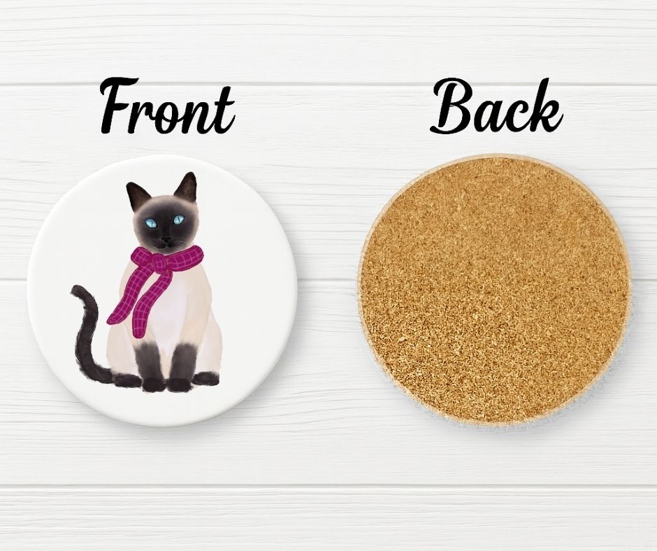 Siamese Cat with Pink Scarf Ceramic Coaster - MerikaArt