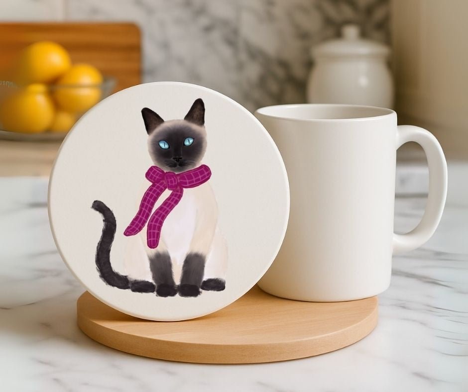 Siamese Cat with Pink Scarf Ceramic Coaster - MerikaArt