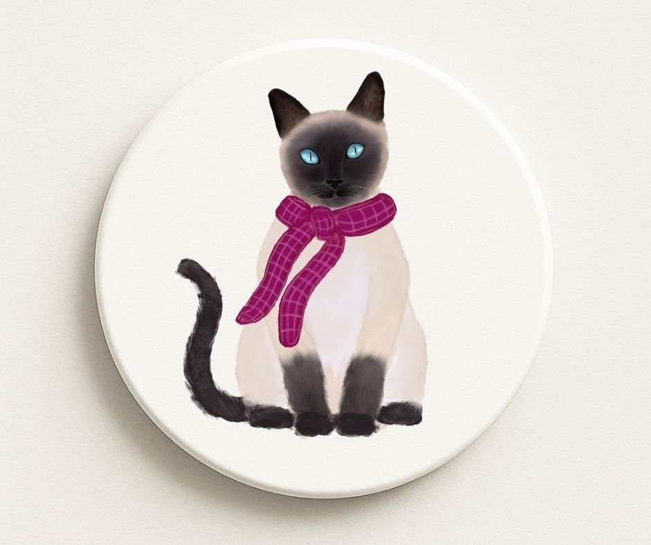 Siamese Cat with Pink Scarf Ceramic Coaster - MerikaArt