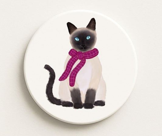 Siamese Cat with Pink Scarf Ceramic Coaster - MerikaArt