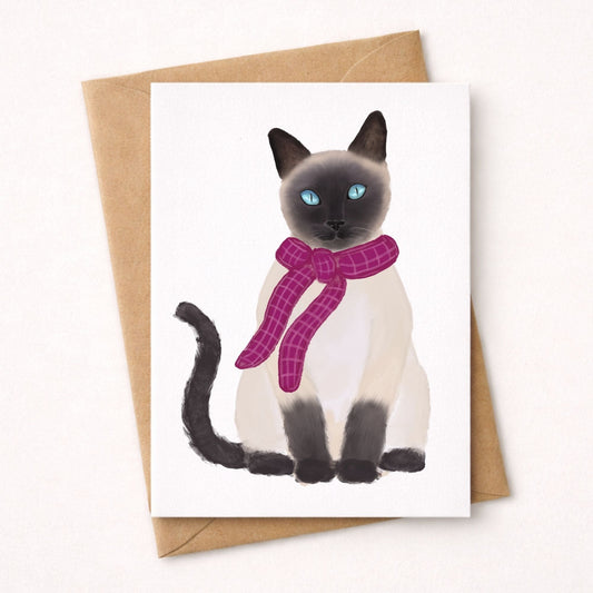 Siamese Cat With Pink Scarf Postcard - MerikaArt