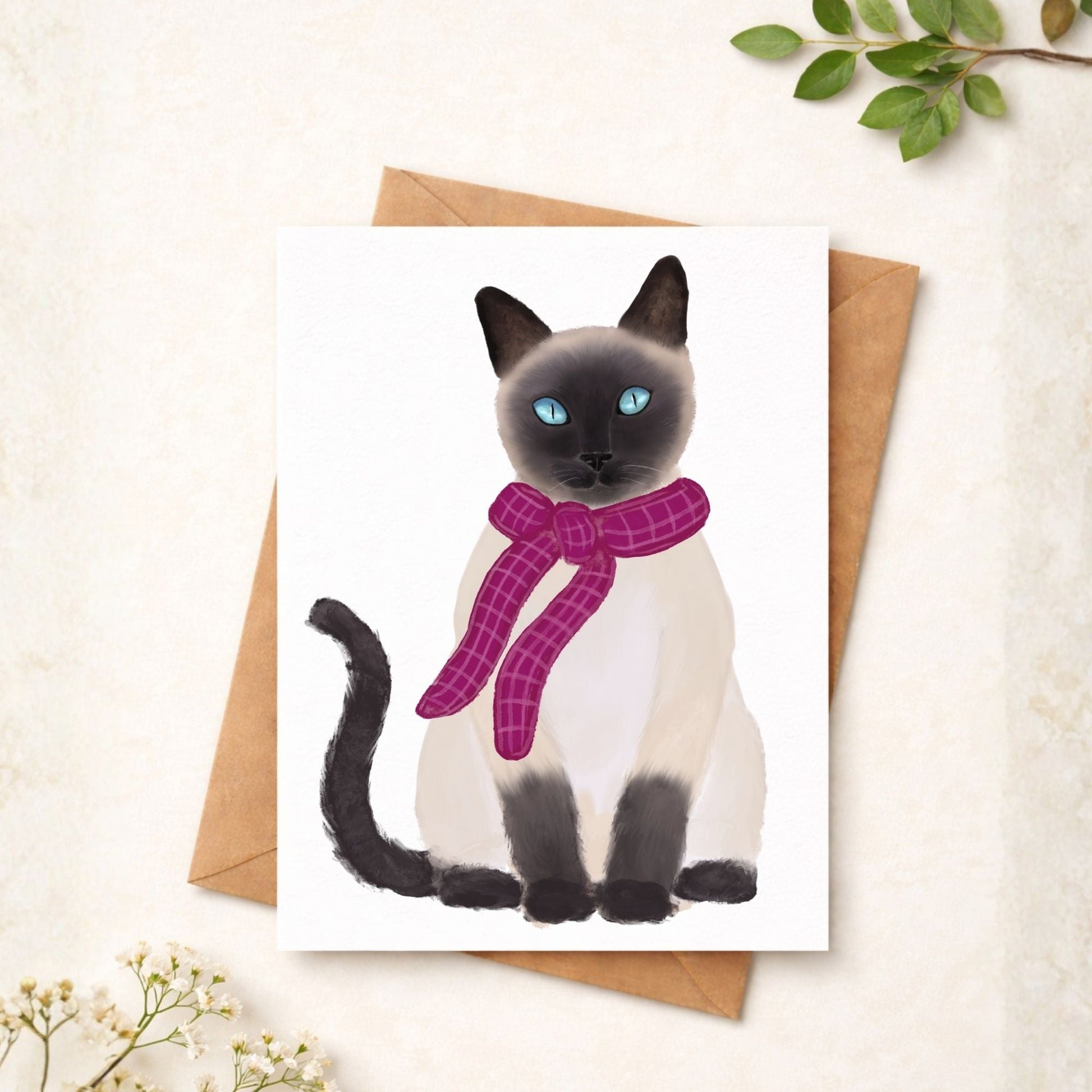 Siamese Cat With Pink Scarf Postcard - MerikaArt