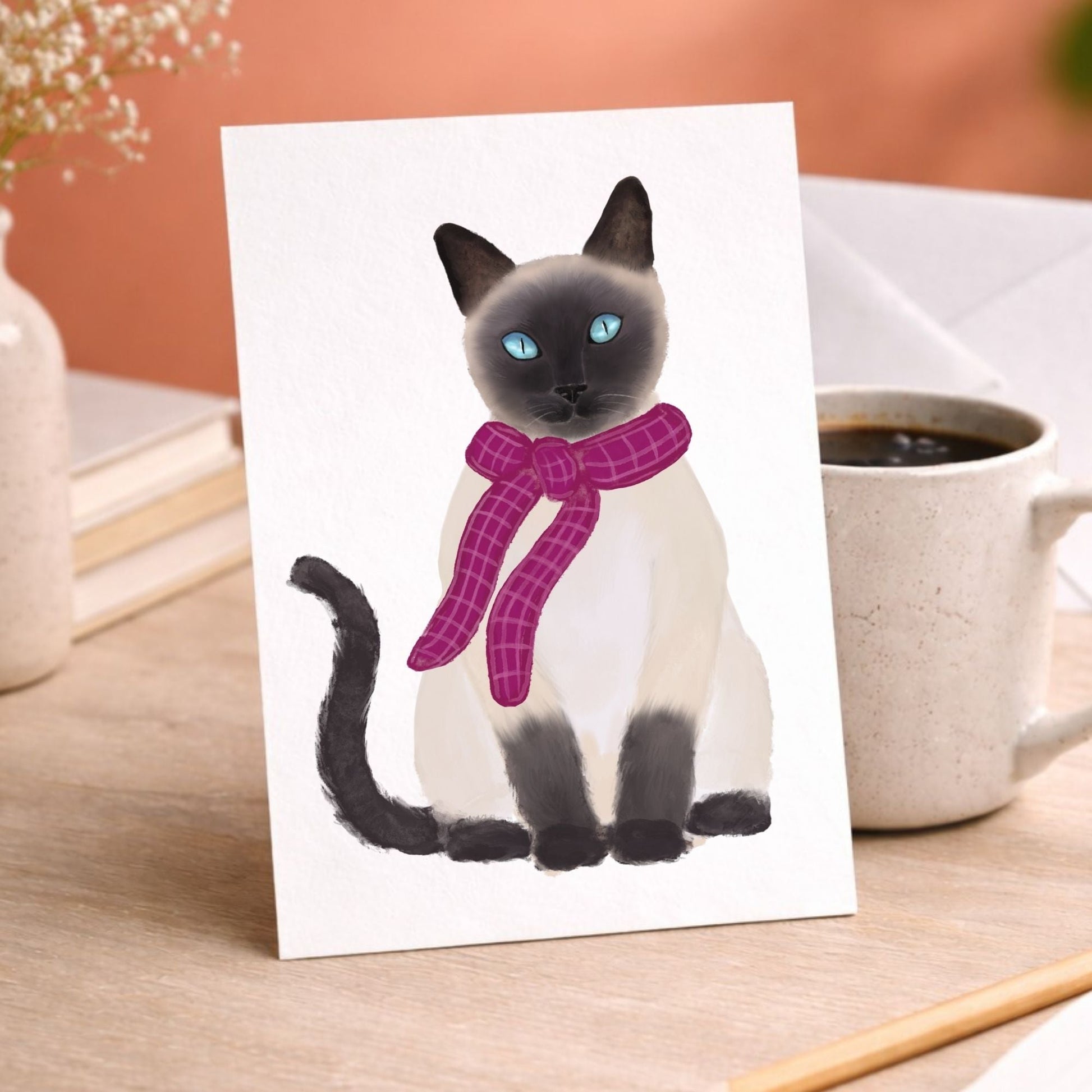 Siamese Cat With Pink Scarf Postcard - MerikaArt