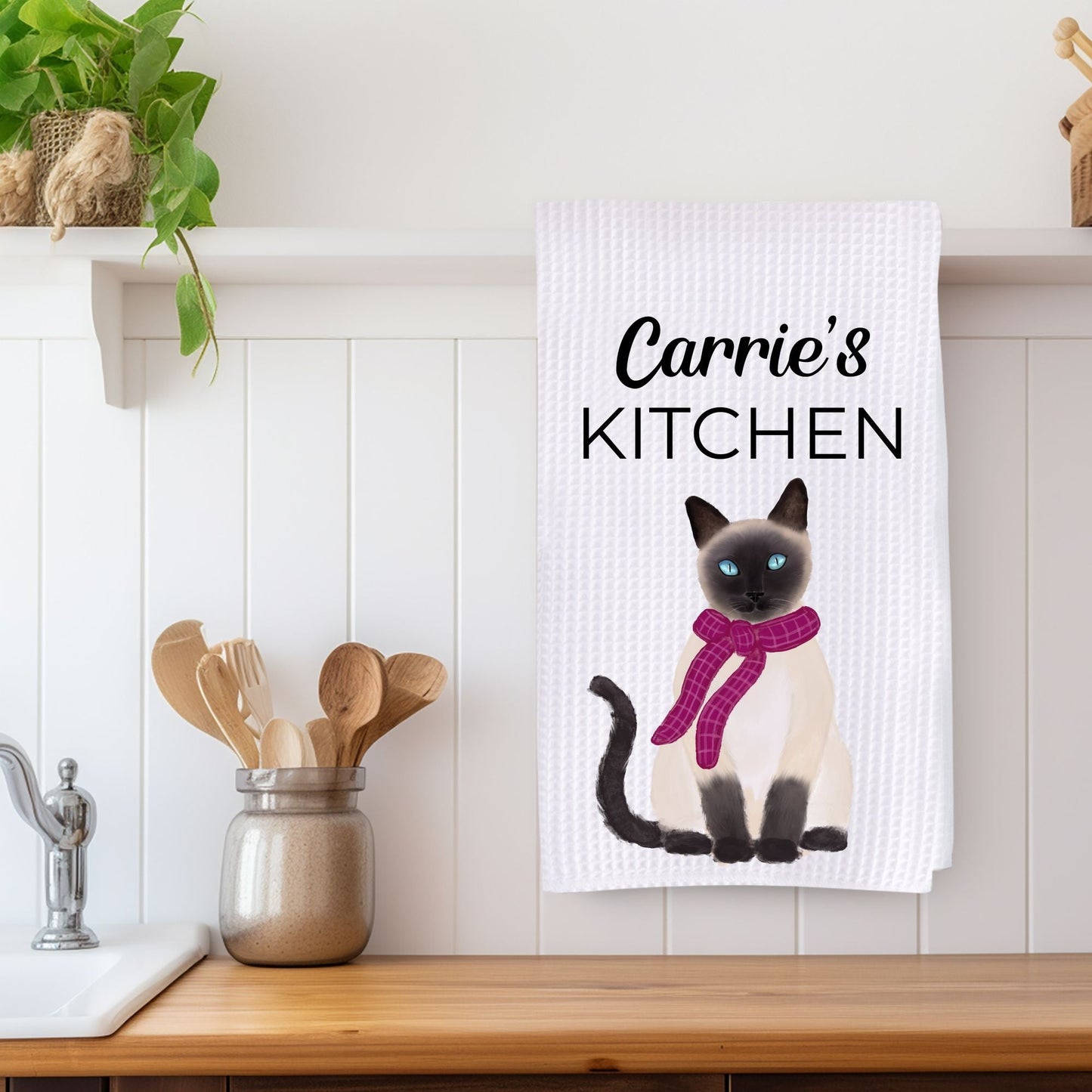 Siamese Cat with Pink Scarf Waffle Weave Kitchen Towel - MerikaArt