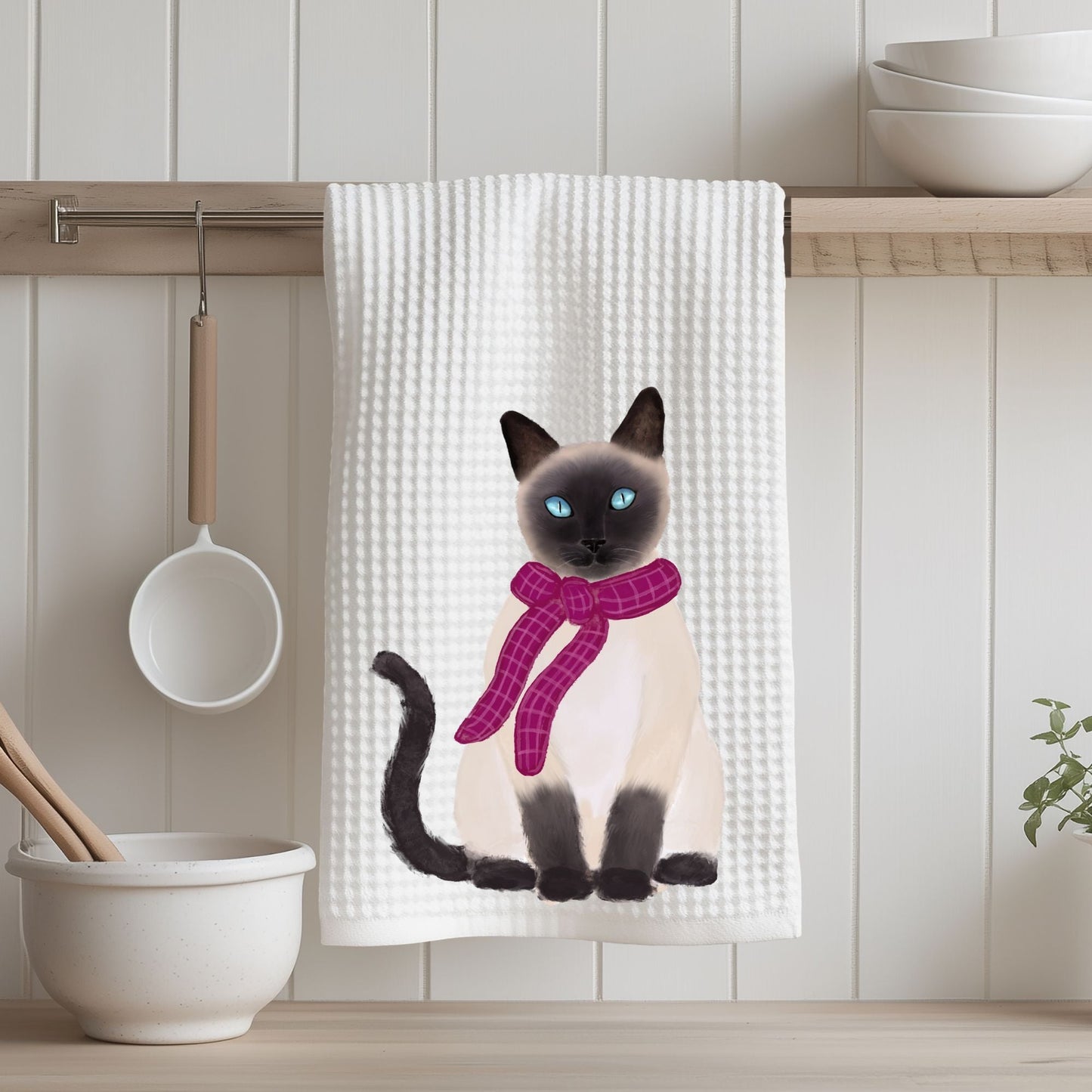 Siamese Cat with Pink Scarf Waffle Weave Kitchen Towel - MerikaArt