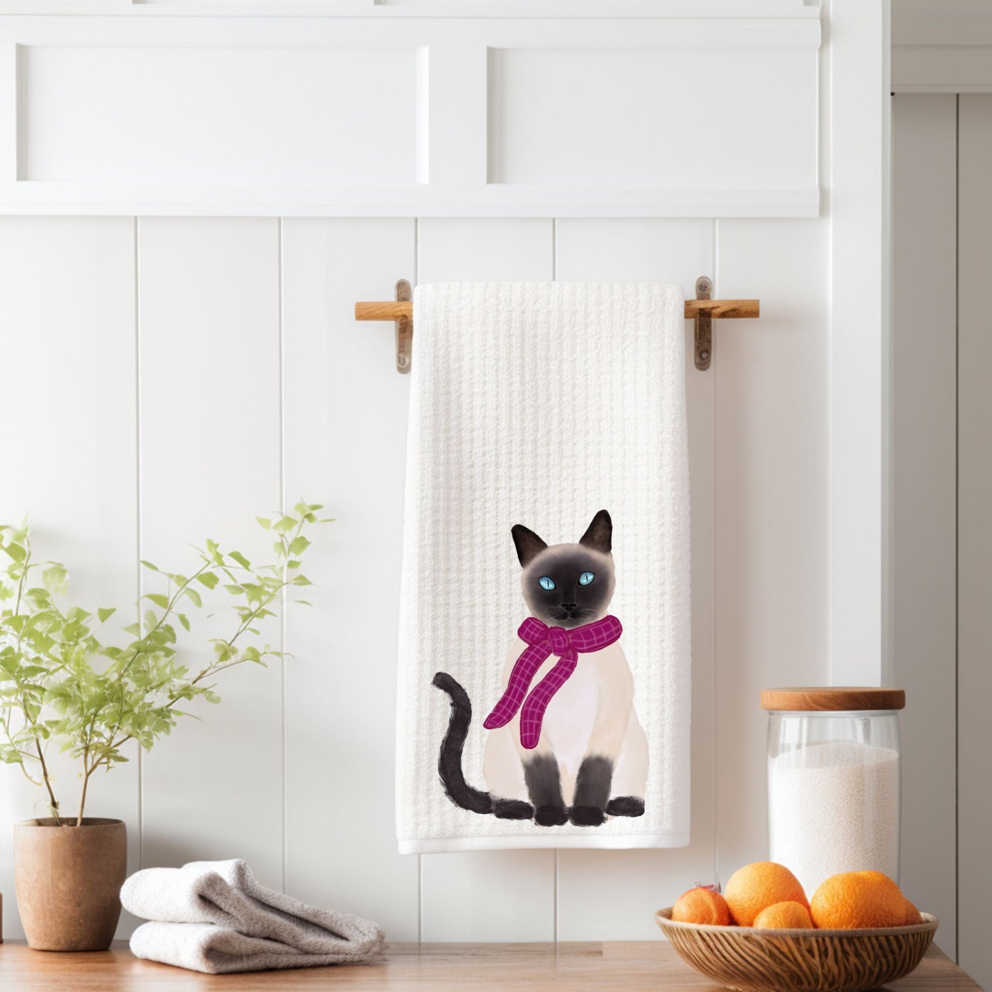 Siamese Cat with Pink Scarf Waffle Weave Kitchen Towel - MerikaArt