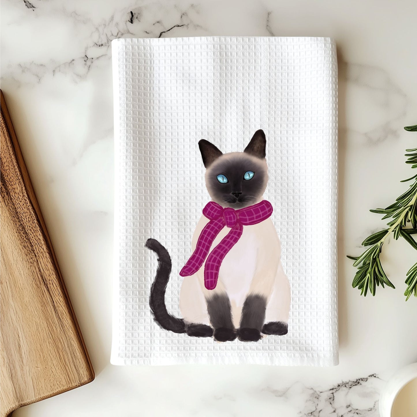 Siamese Cat with Pink Scarf Waffle Weave Kitchen Towel - MerikaArt