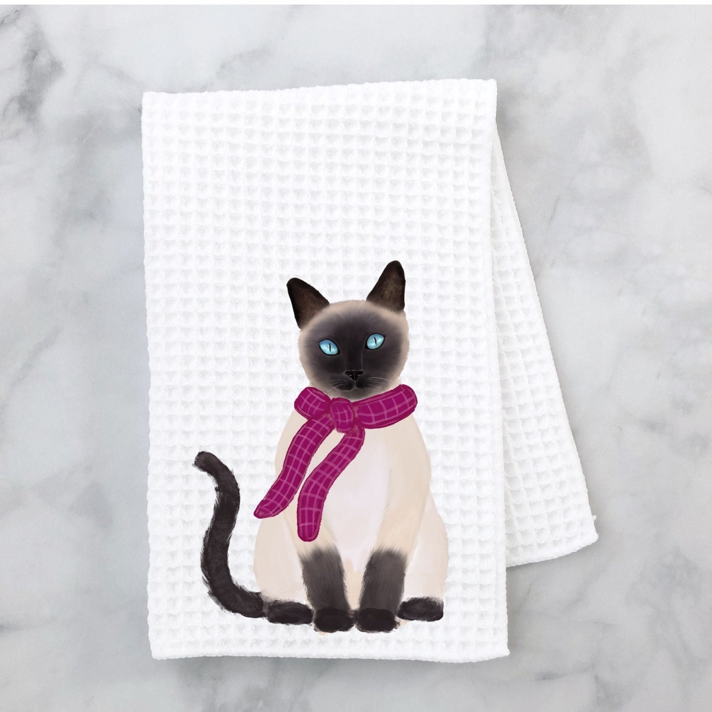 Siamese Cat with Pink Scarf Waffle Weave Kitchen Towel - MerikaArt
