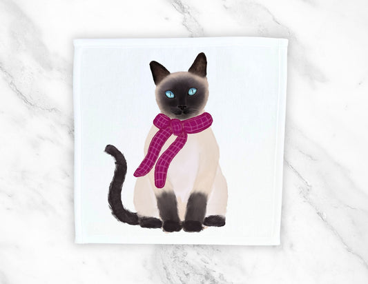 Siamese Cat with Pink Scarf Washcloth - MerikaArt