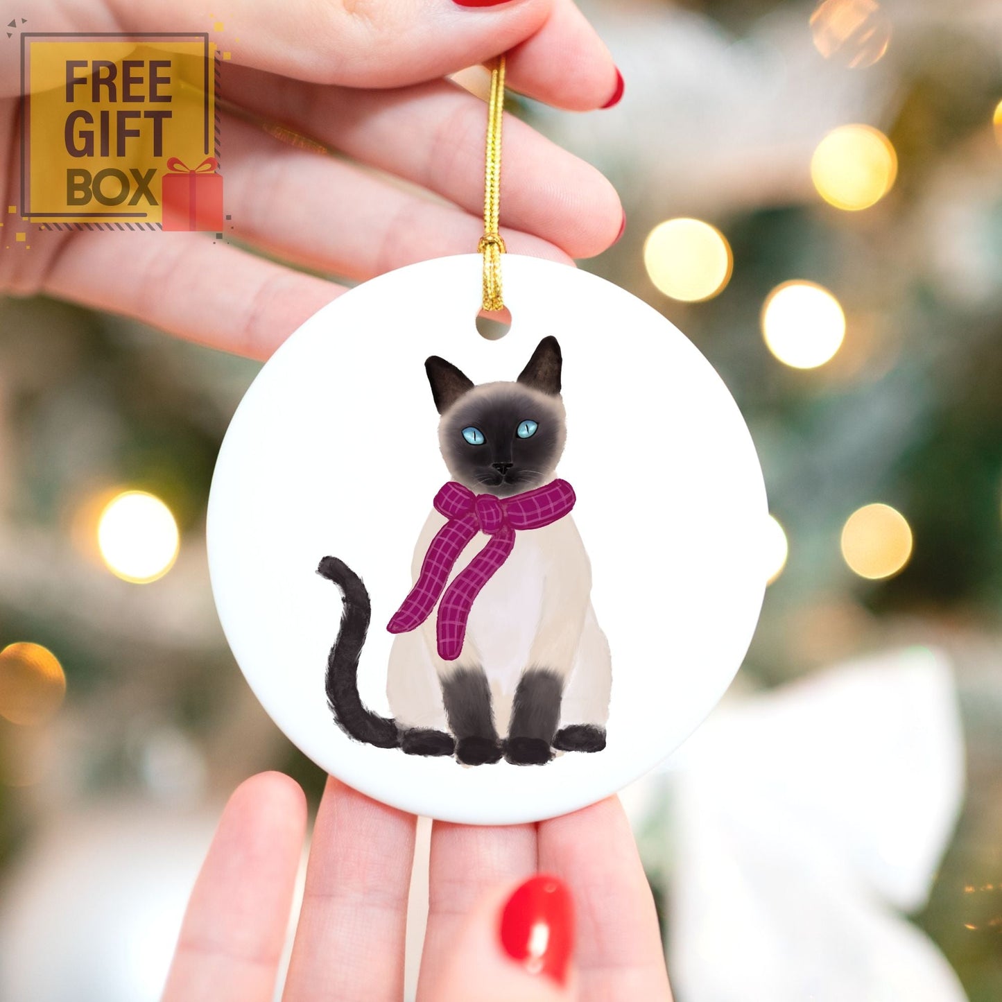 Siamese Cat With Scarf Ceramic Ornament - MerikaArt