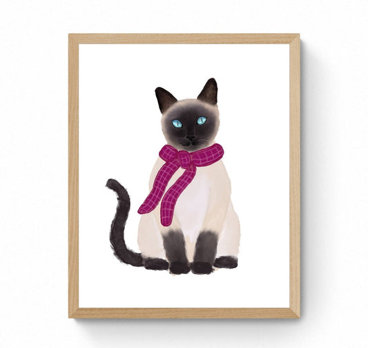 Siamese Cat with Scarf Print, Pets in Fall Painting, Fall Decor, Living Room Home Wall Art, Holiday Art, Cat Illustration, Animal Lover Gift - MerikaArt