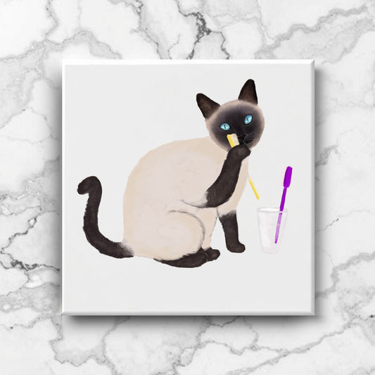 Siamese Cat with Toothbrush Ceramic Tile - MerikaArt