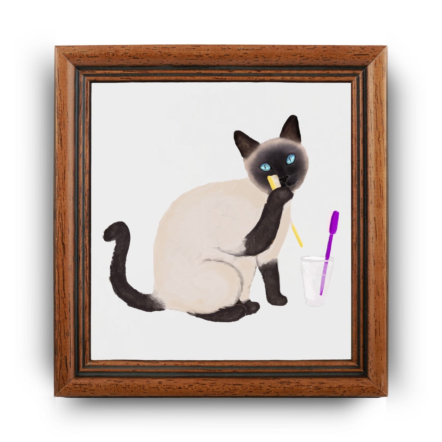 Siamese Cat with Toothbrush Ceramic Tile - MerikaArt