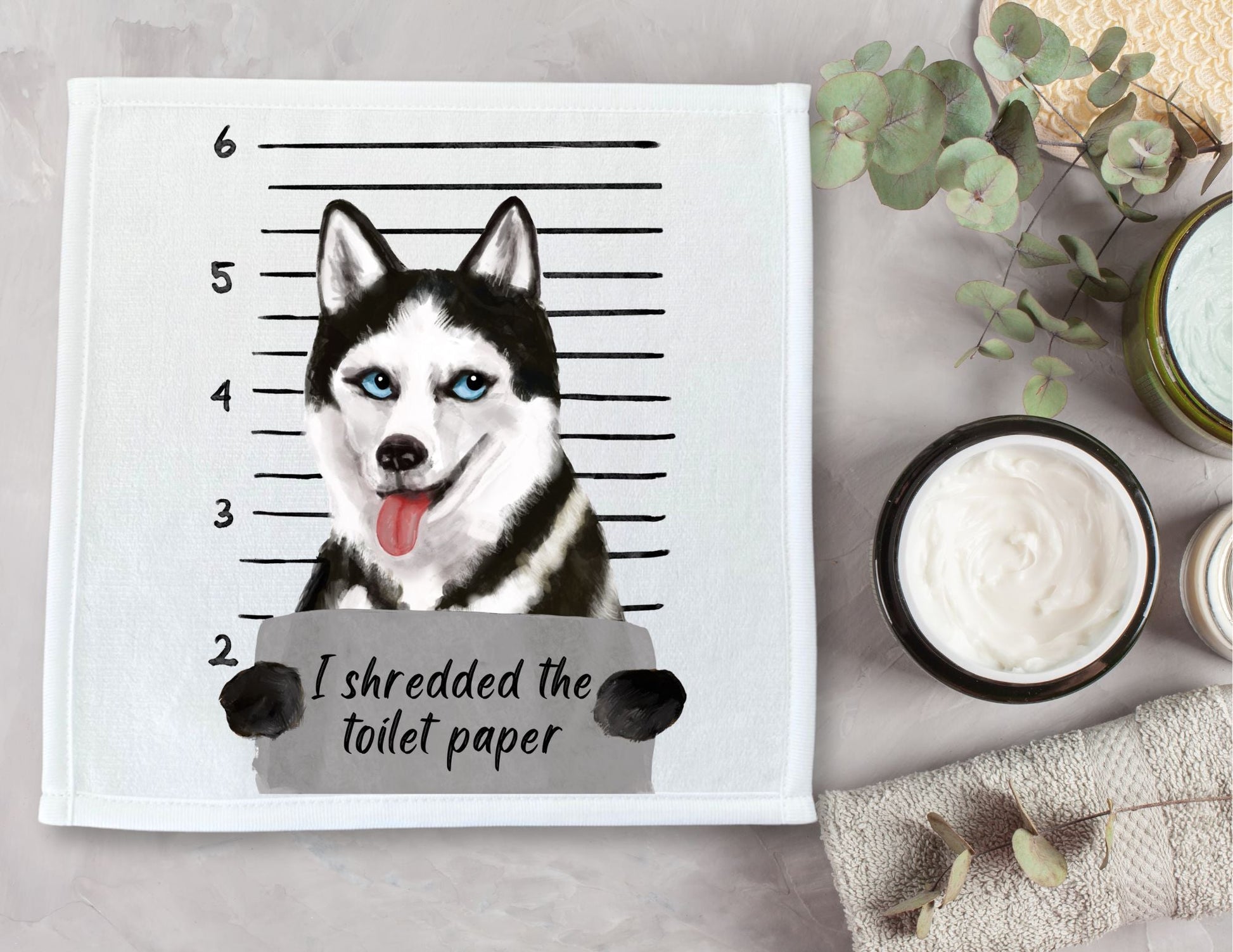 Siberian Husky Mugshot Washcloth - MerikaArt