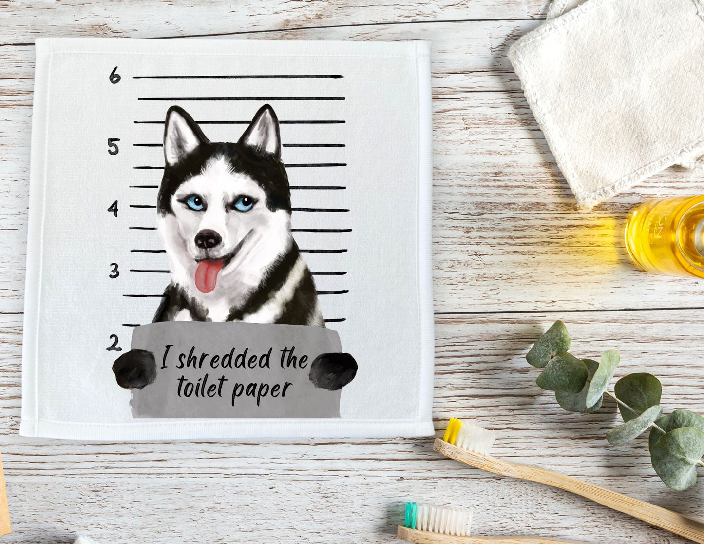 Siberian Husky Mugshot Washcloth - MerikaArt