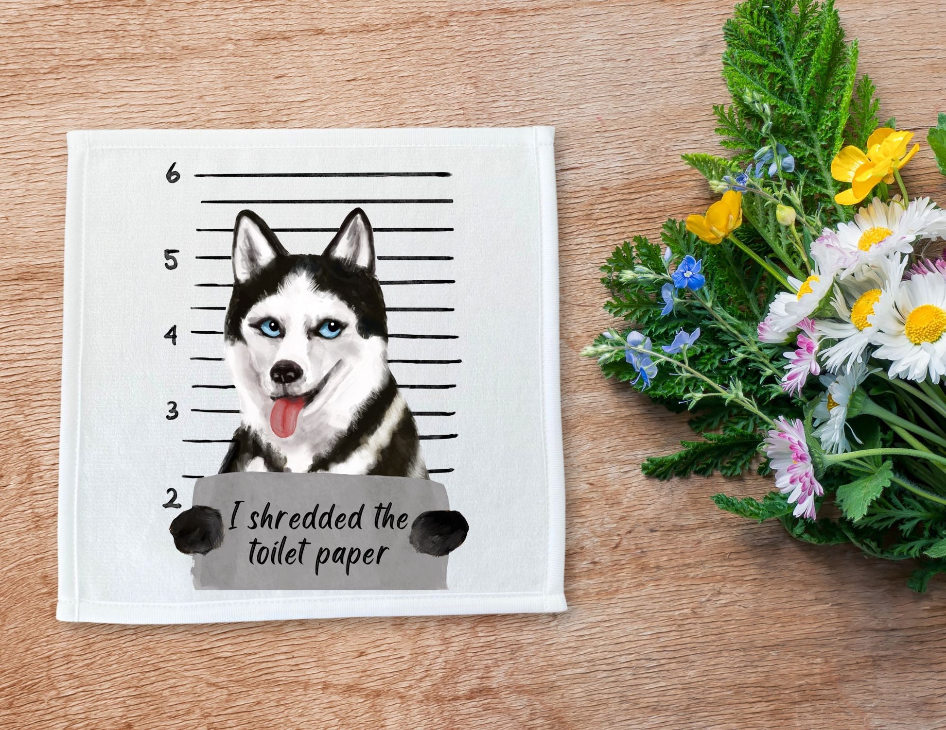Siberian Husky Mugshot Washcloth - MerikaArt