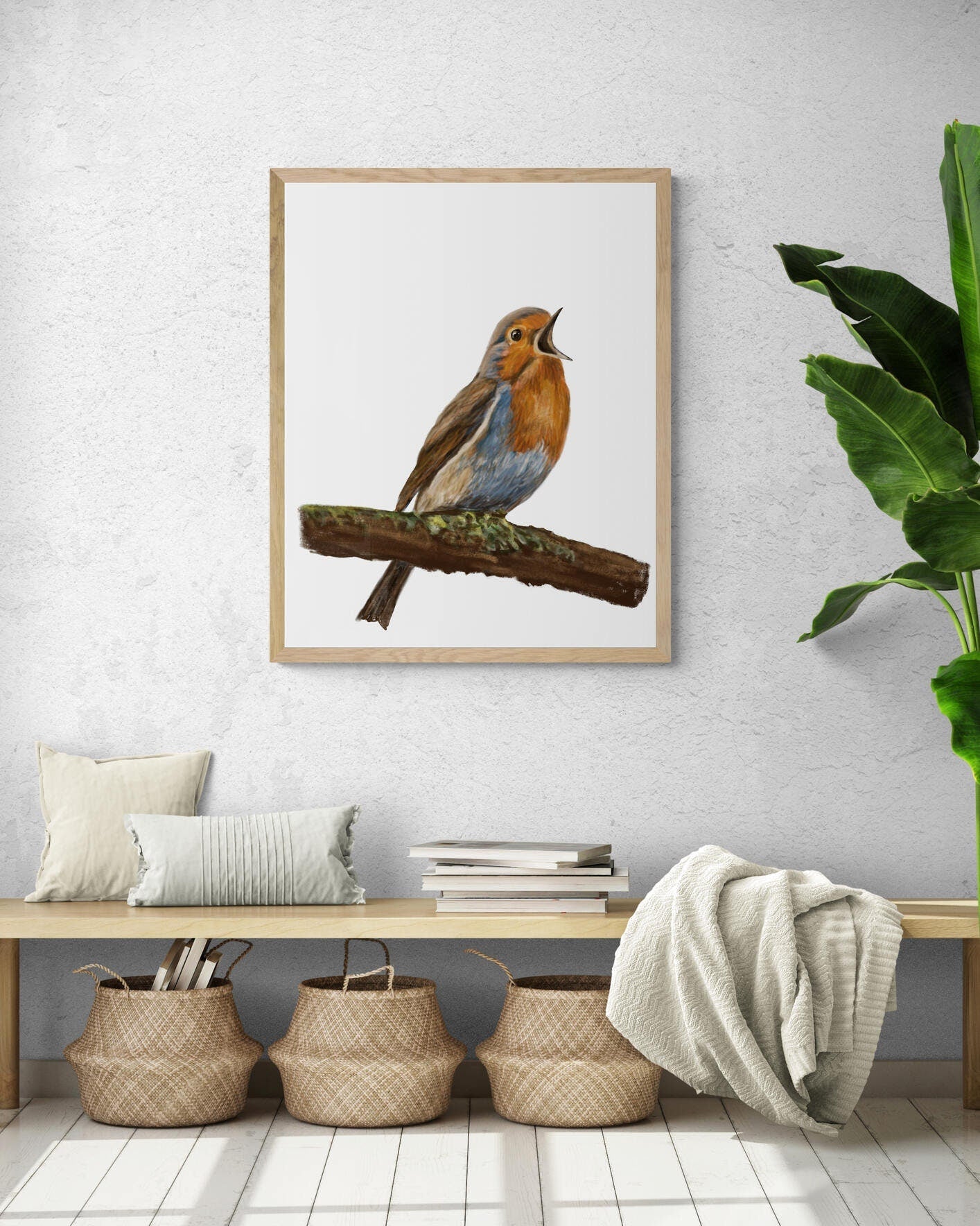 Singing Robin Bird Print, Robin Bird Painting, Red Bellied Bird Print, Robin Holiday Print, Living Room Wall Art, Bird Print Gift, Mom Gift - MerikaArt