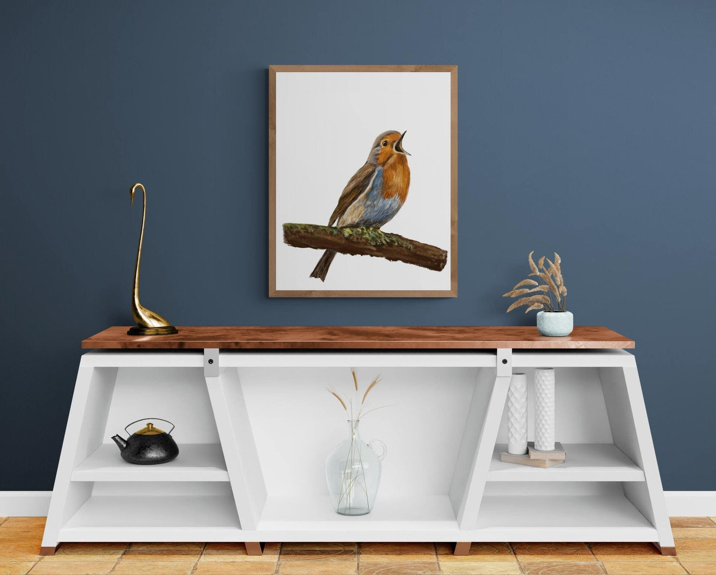 Singing Robin Bird Print, Robin Bird Painting, Red Bellied Bird Print, Robin Holiday Print, Living Room Wall Art, Bird Print Gift, Mom Gift - MerikaArt