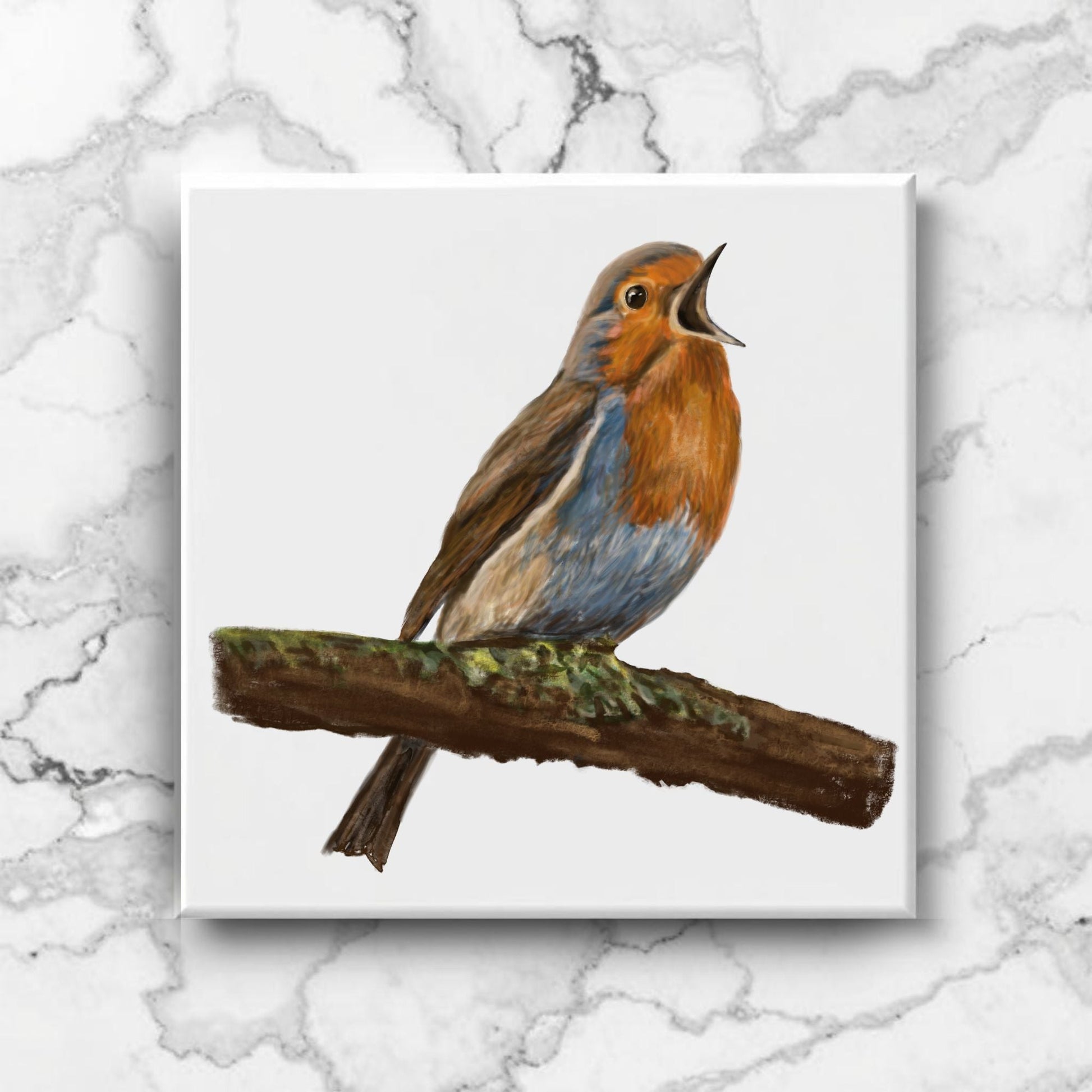 Singing Robin Ceramic Tile – Handcrafted Bird Art - MerikaArt