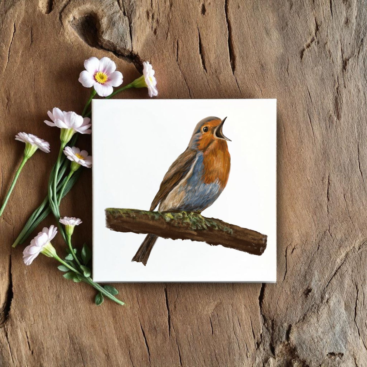 Singing Robin Ceramic Tile – Handcrafted Bird Art - MerikaArt