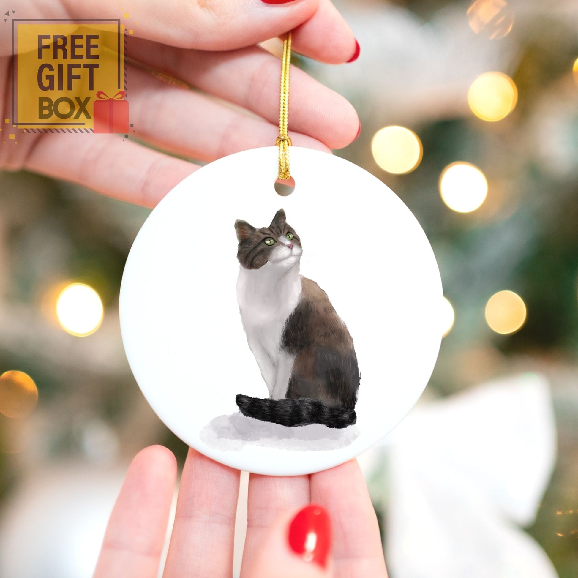 Sitting Tuxedo Cat Ceramic Ornament - MerikaArt