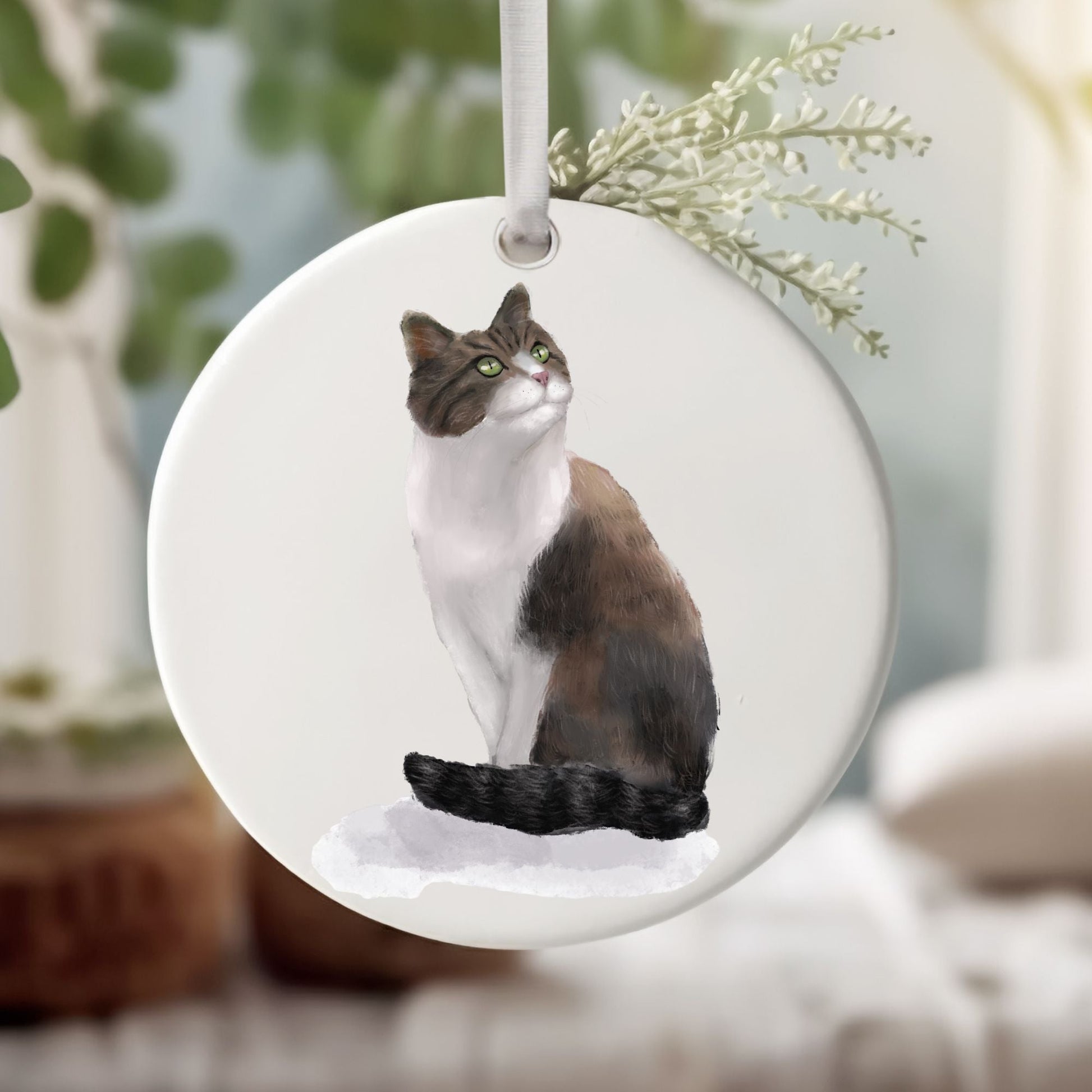 Sitting Tuxedo Cat Ceramic Ornament - MerikaArt