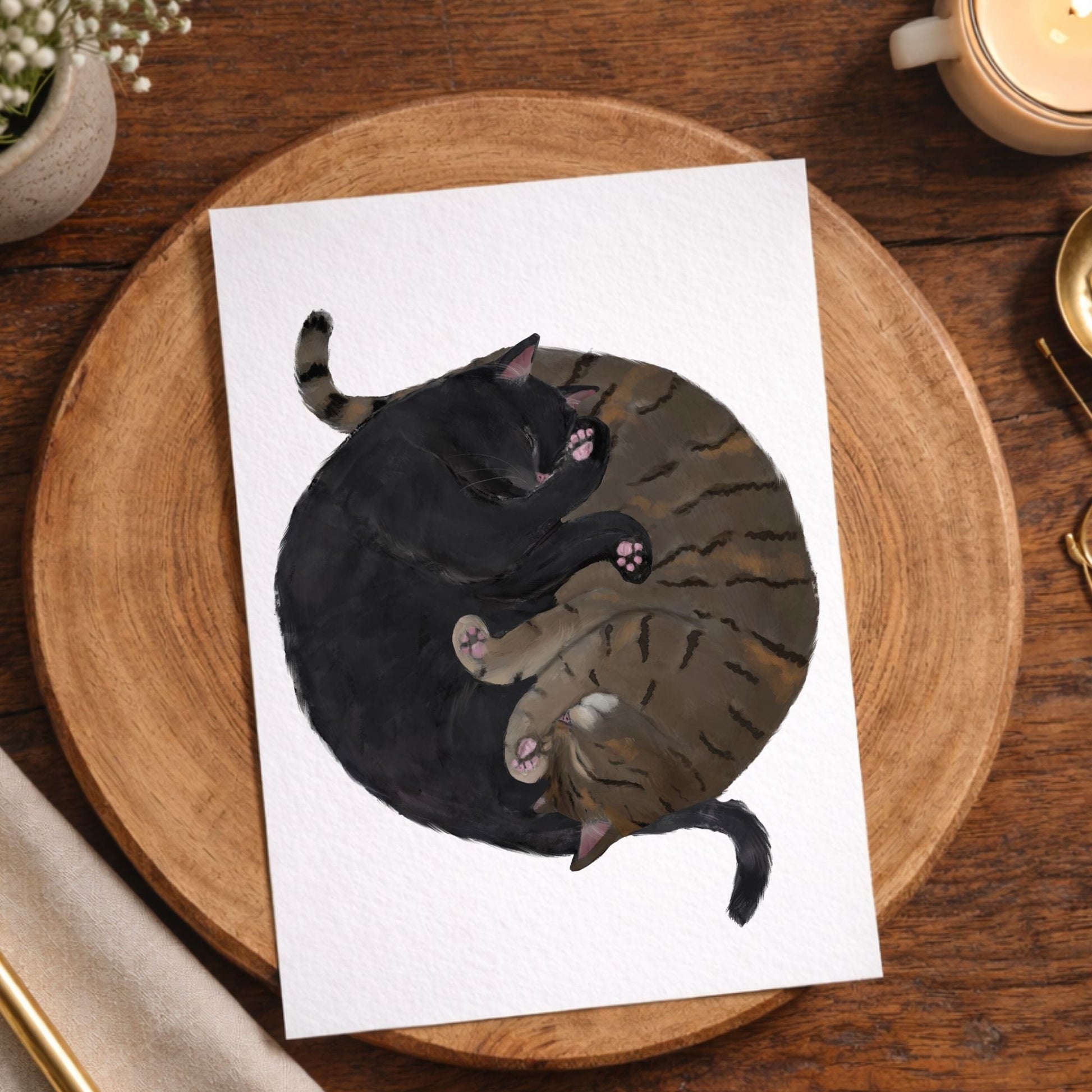 Sleeping Black And Brown Cats Postcard - MerikaArt