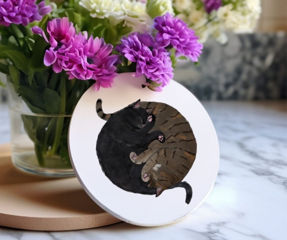 Sleeping Black and Brown Tabby Cats Ceramic Coaster - MerikaArt