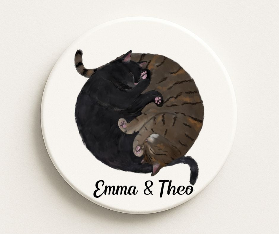 Sleeping Black and Brown Tabby Cats Ceramic Coaster - MerikaArt