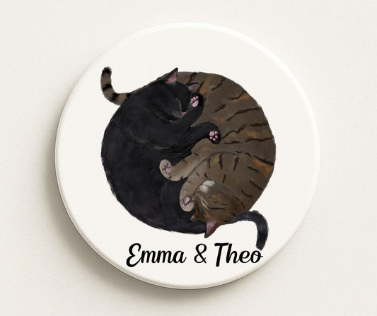 Sleeping Black and Brown Tabby Cats Ceramic Coaster - MerikaArt