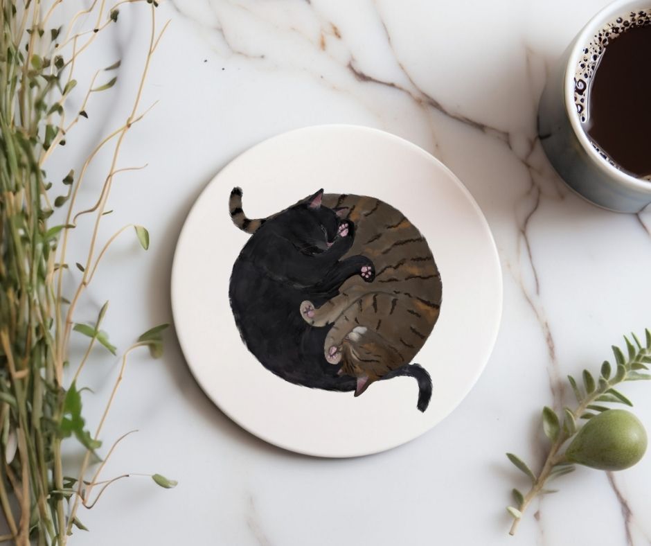 Sleeping Black and Brown Tabby Cats Ceramic Coaster - MerikaArt
