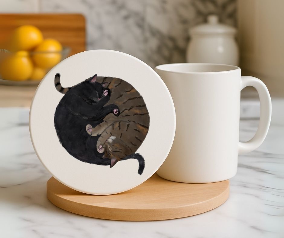 Sleeping Black and Brown Tabby Cats Ceramic Coaster - MerikaArt