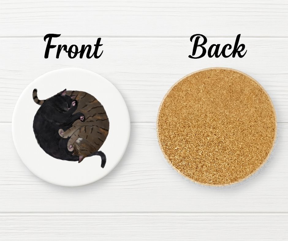 Sleeping Black and Brown Tabby Cats Ceramic Coaster - MerikaArt