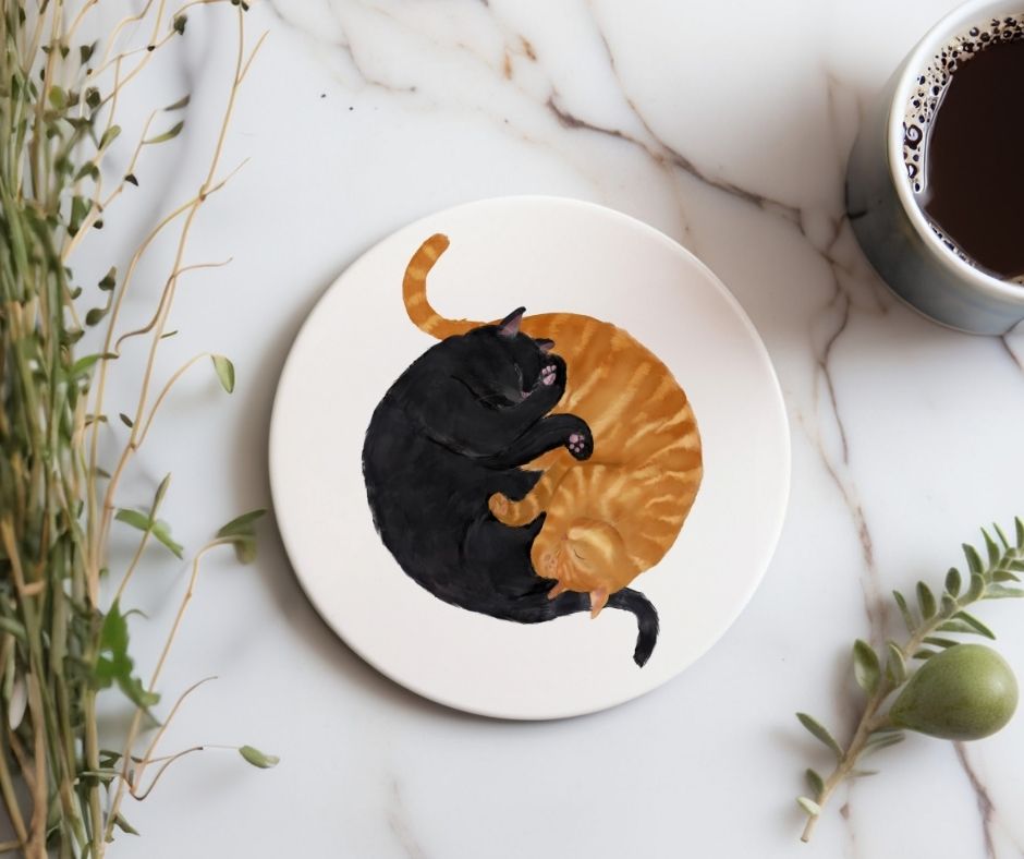Sleeping Black and Ginger Cats Ceramic Coaster - MerikaArt