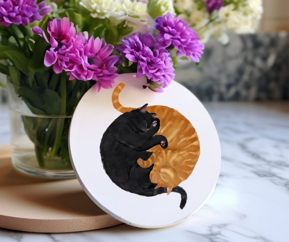 Sleeping Black and Ginger Cats Ceramic Coaster - MerikaArt